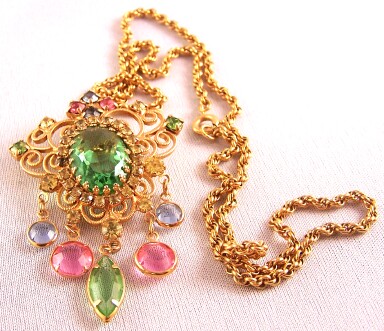 UNS41 goldtone pastel rhinestones filigree pendant